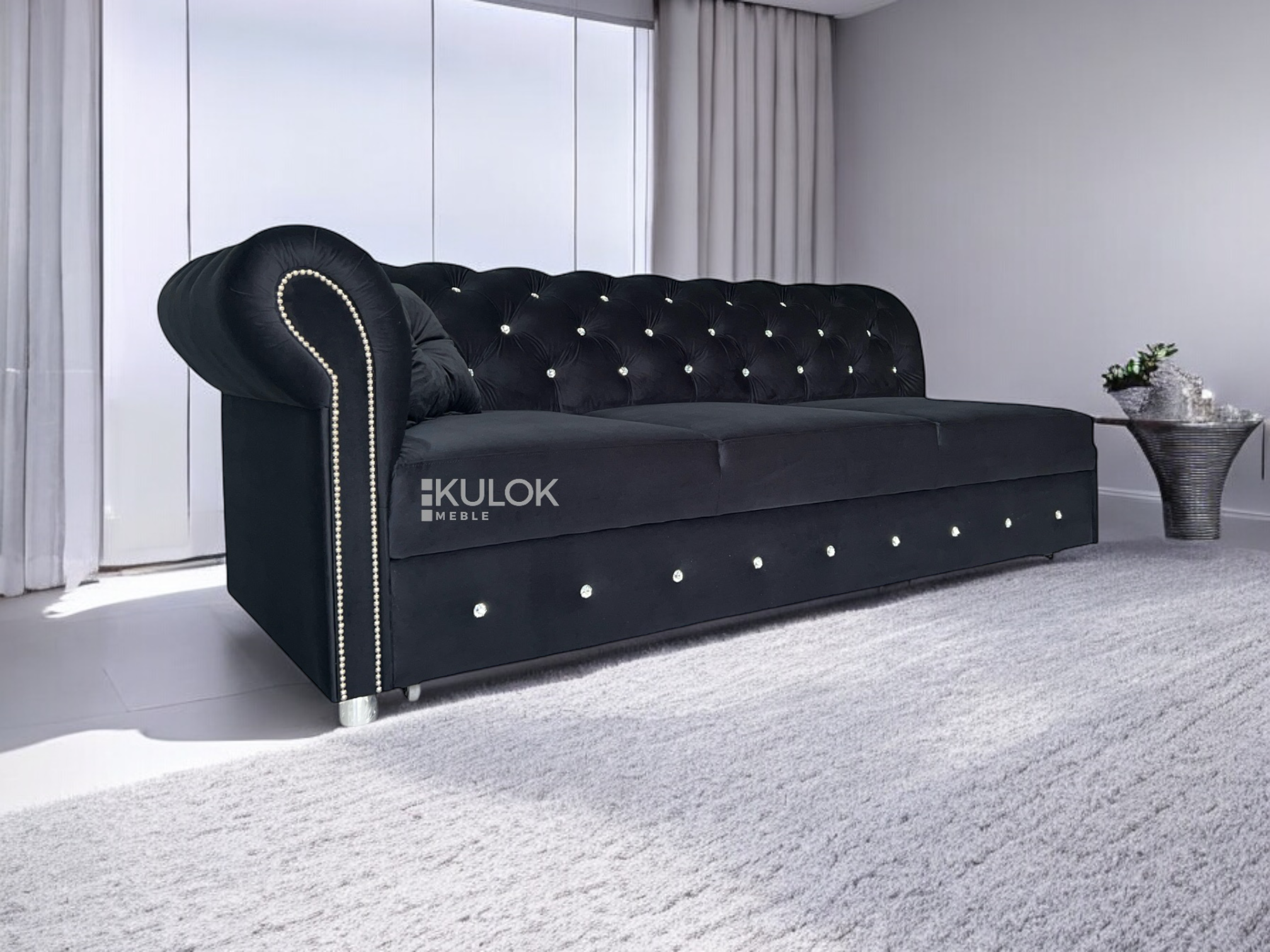 Czarny szezlong Chesterfield 200cm z funkcją spania